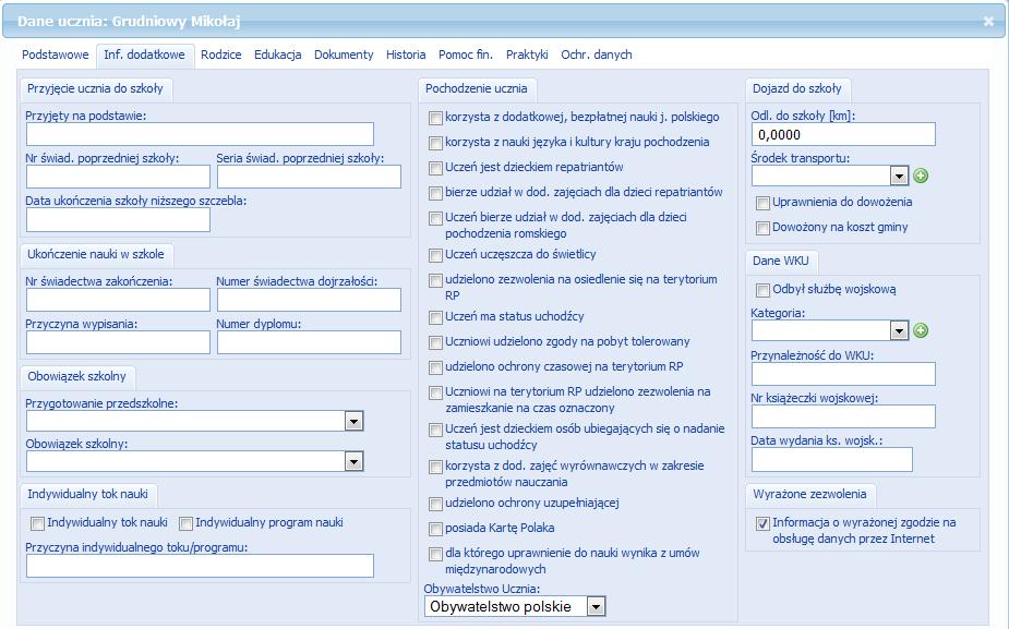 Informacje dodatkowe: Kartoteka ta zawiera ważne informacje o uczniu, które wykorzystywane są w zestawieniach statystycznych i sprawozdaniach szkolnych, ale również w zestawieniach przekazywanych do