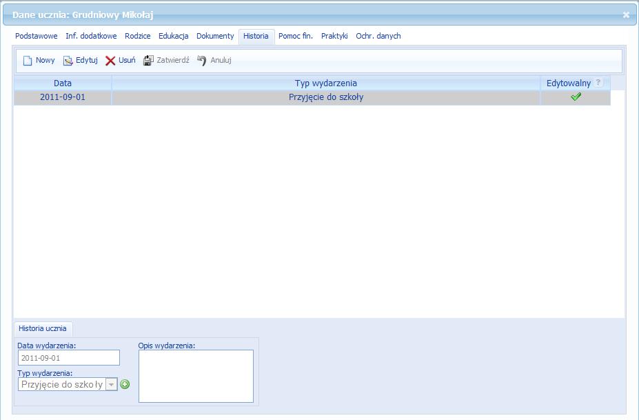 datę ponownego przyjęcia do szkoły Wszystkie wpisy w historii ucznia generowane automatycznie przez system mogą być edytowane przez użytkownika.