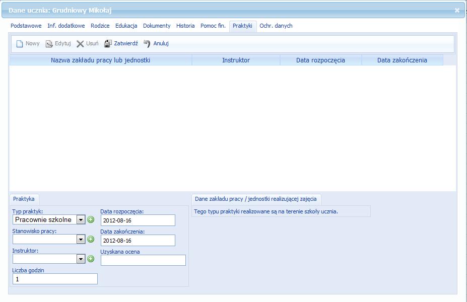 rozpoczęcia praktyk datę zakończenia praktyk uzyskaną ocenę Rysunek 19. Kartoteka Praktyk ucznia.