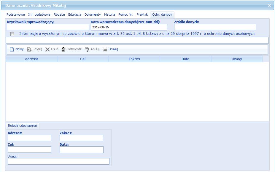 użytkownik systemu, który wprowadził dane osobowe ucznia, datę wprowadzenia danych osobowych źródło, z którego były wprowadzone dane osobowe Rysunek 20. Kartoteka Ochrony danych osobowych.