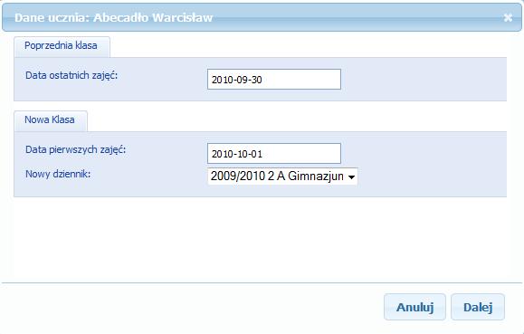 - wskazanie daty ostatnich zajęć w starym dzienniku oraz daty pierwszych zajęć w nowym dzienniku ucznia oraz dziennika, do którego ma zostać aktualnie przypisany - przypisanie ucznia do przedmiotów,