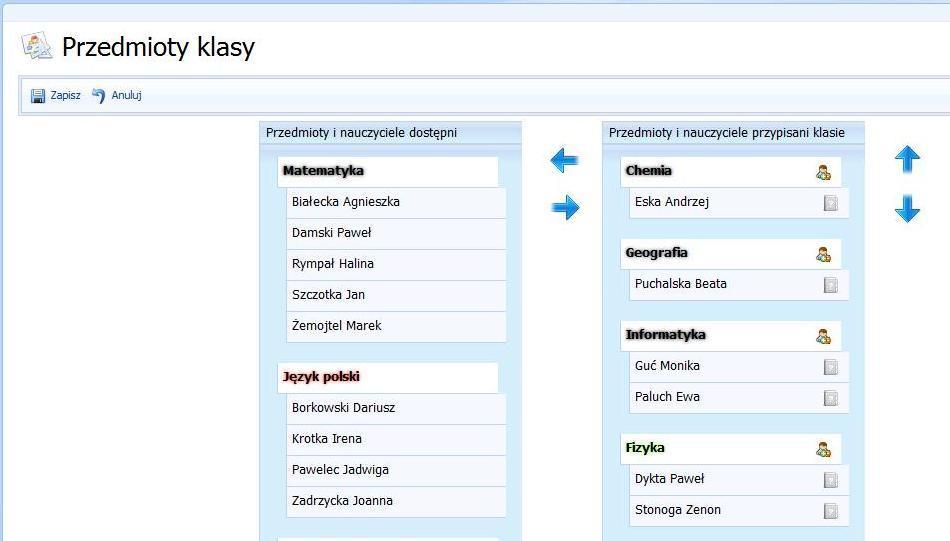 Rysunek 32. Okno przypisywania przedmiotów klasom. Dla wszystkich przedmiotów program automatycznie przypisuje wszystkich uczniów dla pierwszego przypisanego nauczyciela.