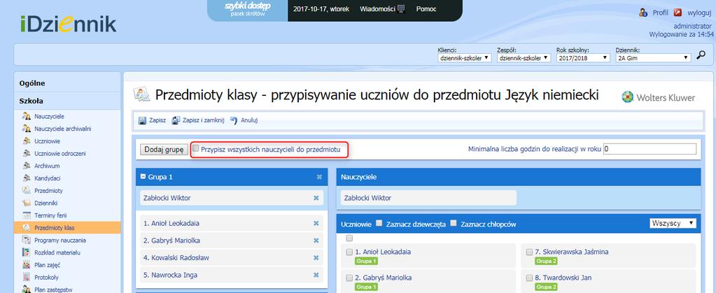 Dodatkowo w oknie można przypisać wszystkich nauczycieli do przedmiotu, zaznaczając fistaszek przy opcji Przypisz wszystkich nauczycieli do przedmiotu (Rysunek 33).