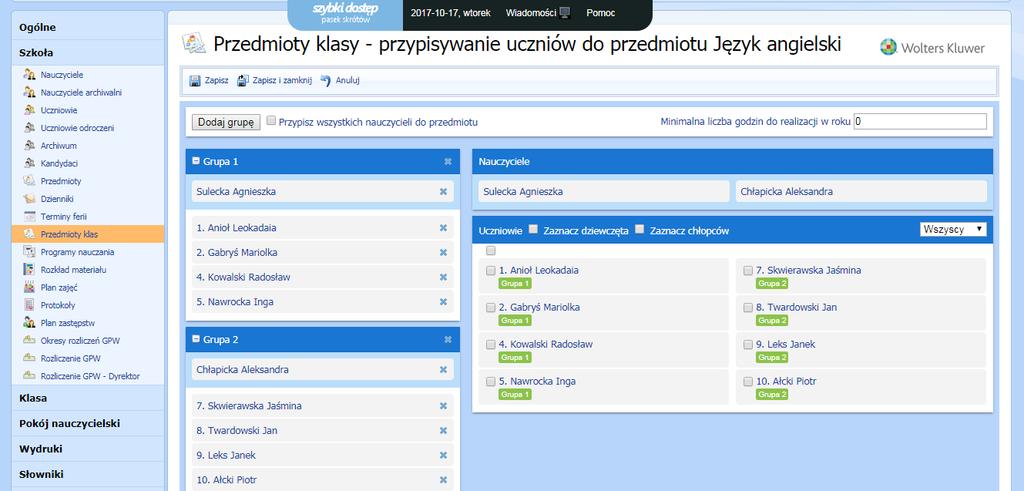 Rysunek 26. Okno przypisania uczniów do zajęć (opcja z podziałem na grupy).