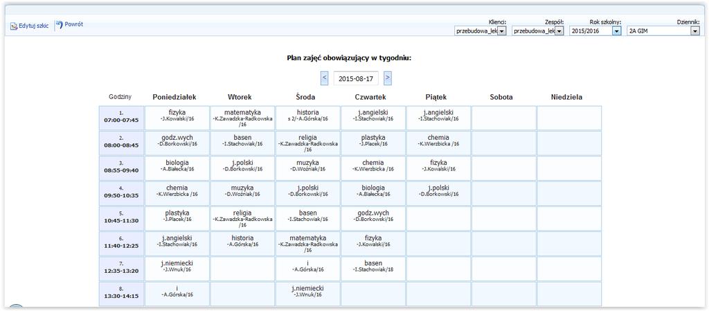 Ułożenie planu polega na przyporządkowaniu przedmiotów do klasy i zaznaczeniu w jej obrębie uczniów, uczęszczających na dane zajęcia. Rysunek 27.