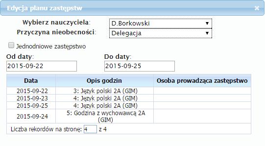 Planowanie zastępstw Za pomocą modułu Plan zastępstw możemy określić, kiedy dany nauczyciel będzie nieobecny w szkole i kto będzie go w tym czasie zastępował.