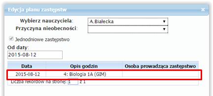 Na liście pojawią się lekcje nieobecnego nauczyciela z danego dnia, z których należy kliknąć na tą, na której wprowadzający zastępstwo nauczyciel będzie prowadził lekcję.