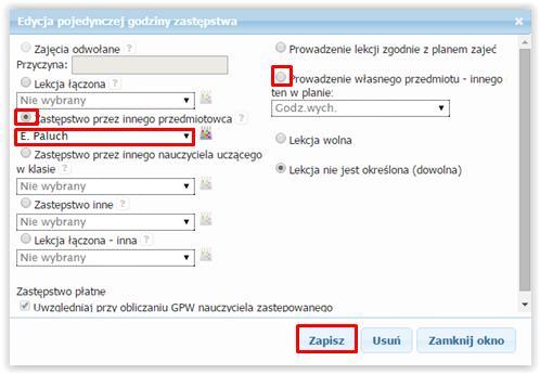 nauczycieli zastępujących pojawi się tylko ta osoba) oraz określić właściwą opcję w prawej kolumnie. Po określeniu wszystkich opcji klikamy Zapisz. Rysunek 55.