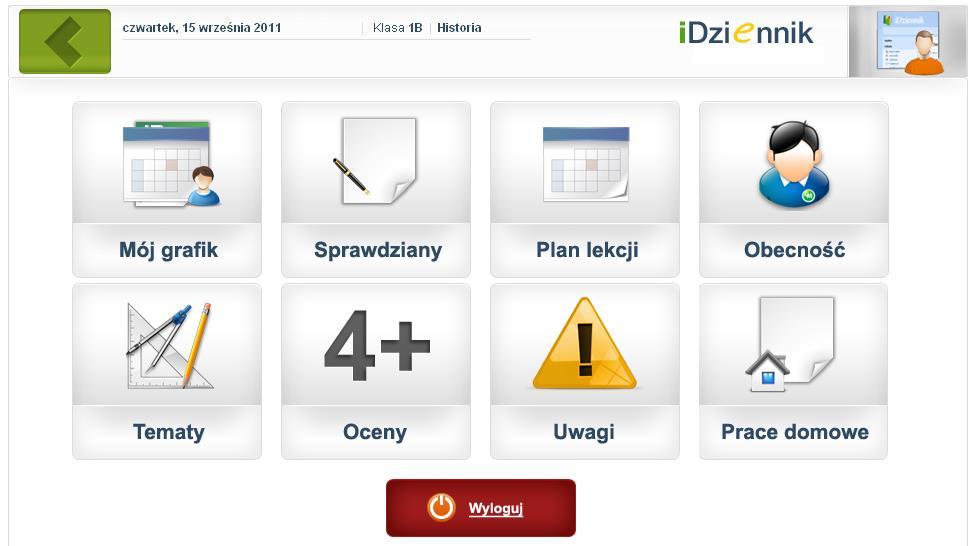 Rysunek 72. Główne moduły panelu lekcyjnego. Chcąc wejść do danego modułu, należy kliknąć na odpowiednią ikonę. Natomiast powrót z modułu do widoku głównego powoduje użycie przycisku.