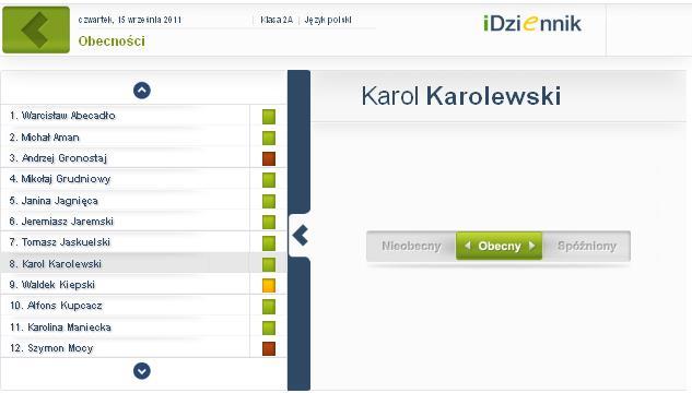 Panel lekcyjny - moduł Obecność. Tematy W module tym zalogowany nauczyciel może wpisać temat lekcji, którą prowadzi z daną klasą.