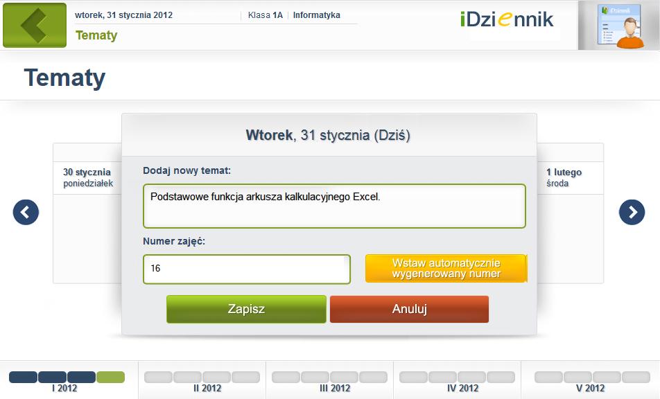 Rysunek 78. Panel lekcyjny - moduł Tematy. Wpisany temat można edytować posługując się przyciskiem. Rysunek 79. Panel lekcyjny - okno edycji tematów.