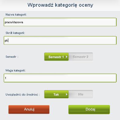 Rysunek 80. Panel lekcyjny - okno dodawania kategorii ocen.