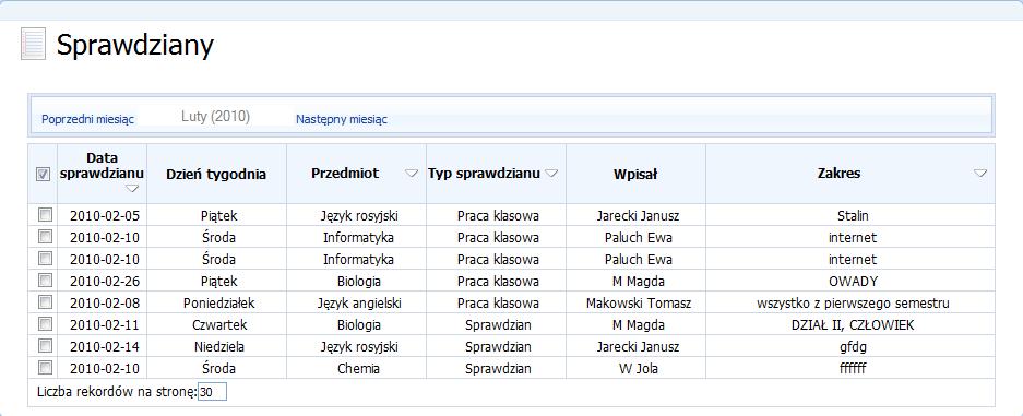 Kolejny moduł to Sprawdziany, w którym rodzic/uczeń może sprawdzić jakie są zaplanowane sprawdziany dla klasy na wskazany miesiąc nauki. Rysunek 95.