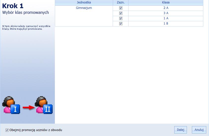 Narzędzia Obsługa promocji Opcja Obsługa promocji znajdująca się w menu Narzędzia służy do automatycznego przeprowadzania promocji wskazanych uczniów.