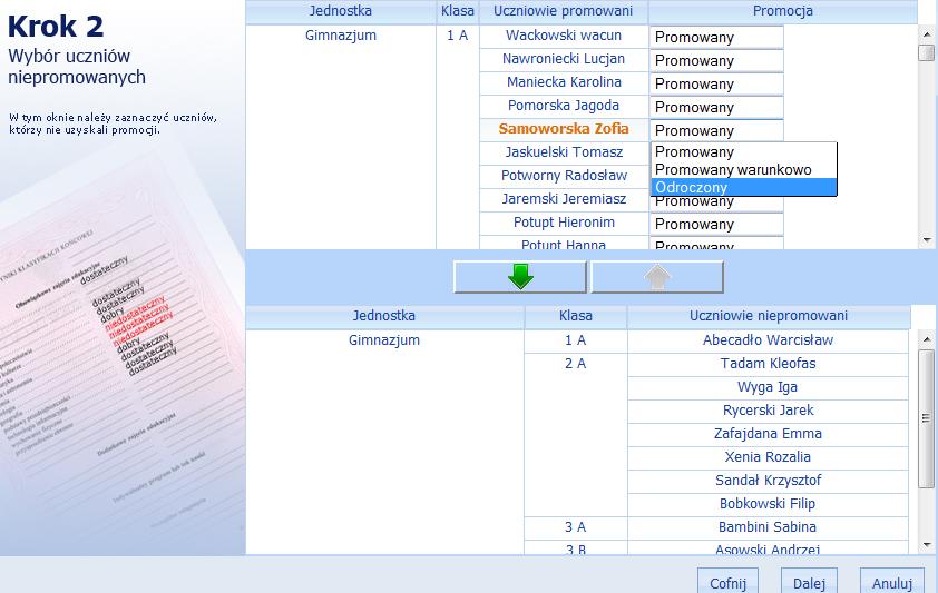 Dodatkowo w oknie tym można wskazać uczniów, którzy otrzymali promocję warunkową oraz zostali odroczeni. Uczniowie odroczeni są to uczniowie, którzy nie biorą udziału w promocji z różnych powodów, np.
