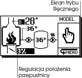 Ustawienie przepustnicy w trybie Ręcznym użytkownik w oknie głównym ma możliwość pokręcenia gałką regulatora tak, aby ustawić kursor na pozycji pokazującej otwarcie przepustnicy i klikając gałką