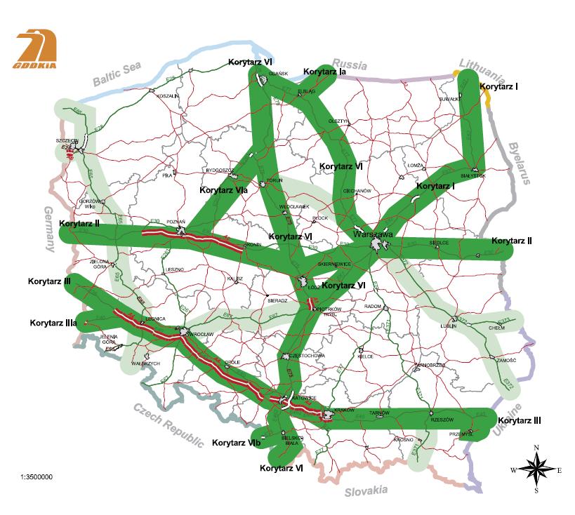 Rysunek 4-1 Paneuropejskie korytarze transportowe w Polsce Miasto Ruda Śląska posiada dobrze rozwiniętą infrastrukturę drogową.