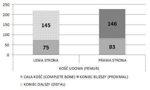 ANALIZA ANTROPOLOGICZNA MATERIAŁU KOSTNEGO 79 Ryc. 9. Ostateczna liczebność kości udowej po zsumowaniu kości całych i najliczniejszego końca w poszczególnej stronie ciała Fig. 9. Final number of femur in total number of complete bones and the most numerous end in particular body side Tabela 2.