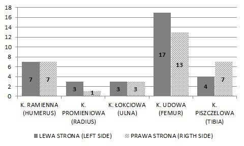 ANALIZA ANTROPOLOGICZNA MATERIAŁU KOSTNEGO 85 (RIGHT SIDE) Ryc. 15. Ostateczne wartości dla szkieletu postkranialnego osobników w okresie dzieciństwa i młodzieńczym z wykopu nr 70 Fig. 15. Final values of immature postcranial bones from trench No.