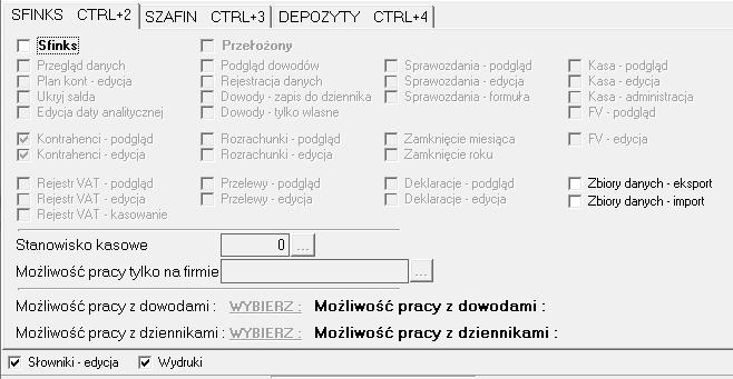 Dostęp do systemu SZAFIN musi być ustawiony w opcji Administracja -> użytkownicy. Nawet operator, który ma w SFINKSie status Przełożony musi mieć dodany w tej opcji dostęp do SZAFINa.. 2.
