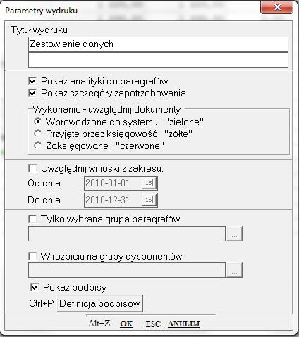 Przełącznik ma znaczenie dla wniosku, do którego wprowadzano zapotrzebowania na środki. W zależności od wyboru pokazane zostaną sumy paragrafów lub też pojedyncze pozycje.