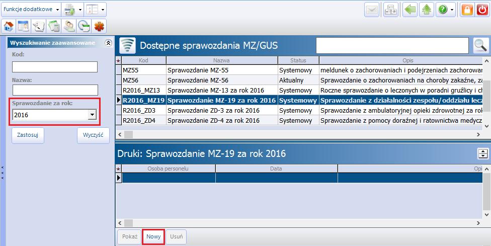 Generowanie sprawozdań MZ/GUS Zostanie otwarte nowe okno prezentujące druk wybranego sprawozdania.