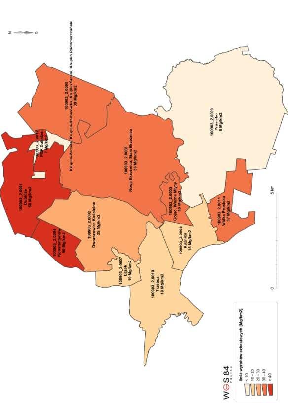 Mapa nr 2 Wyroby azbestowe w obrębach ewidencyjnych