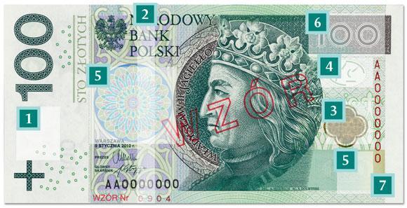 4) BANKNOT 100 PLN Na banknocie o nominale 100 złotych umieszczono portret króla Władysława II Jagiełły.