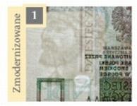 Charakterystyczne elementy zmodernizowanego banknotu: a) znak wodny z cyfrowym oznaczeniem nominału widoczny pod światło na czystym polu (1) b) pas opalizujący w kolorze turkusowym (3),