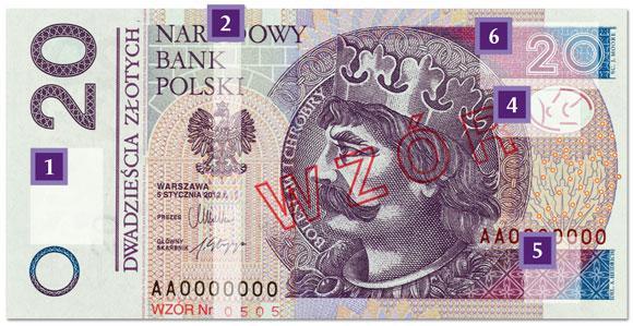 2) BANKNOT 20 PLN Na banknocie o nominale 20 PLN mamy portret króla Bolesława I Chrobrego.