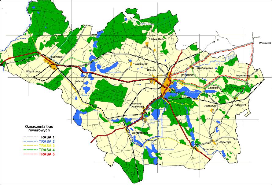 Przez teren sołectwa przebiega szlak rowerowy czarny (Trasa 1) i niebieski (Trasa 2). Trasa 1 wiedzie szosą z centrum Więcborka na południe, do leżącego 3 km dalej Runowa Krajeńskiego.