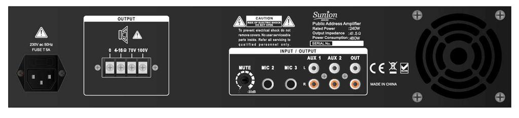 Przełącznik zasilania OPIS PANELU TYLNEGO 1 2 3 4 5 6 7 8 9 10 1. Gniazdo zasilania 2. Bezpiecznik AC 3. Terminale wyjściowe: 4/16 Ohm, 70V lub 100V 4. Regulacja wyciszenia 5.