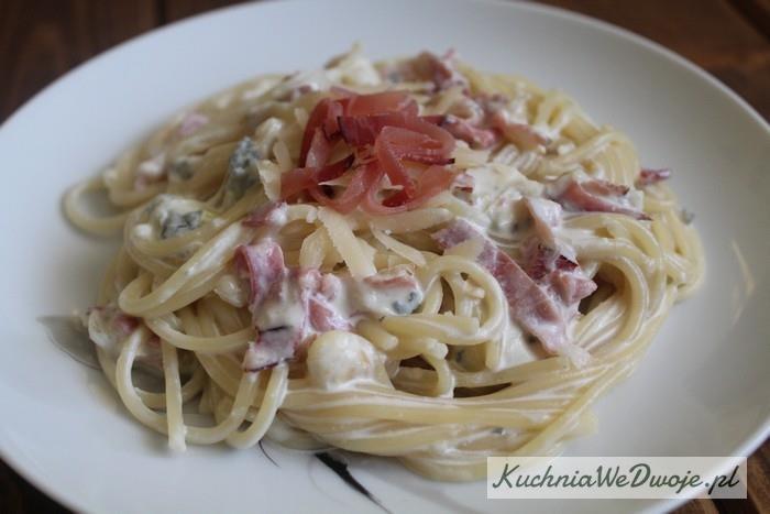 Spaghetti z serem pleśniowym i szynką parmeńską Czas wykonania: 30 min Ilość porcji: 4 porcje 200 g makaronu spaghetti 100 g szynki parmeńskiej lub szwarcwaldzkiej 100 g sera pleśniowego 50 g sera