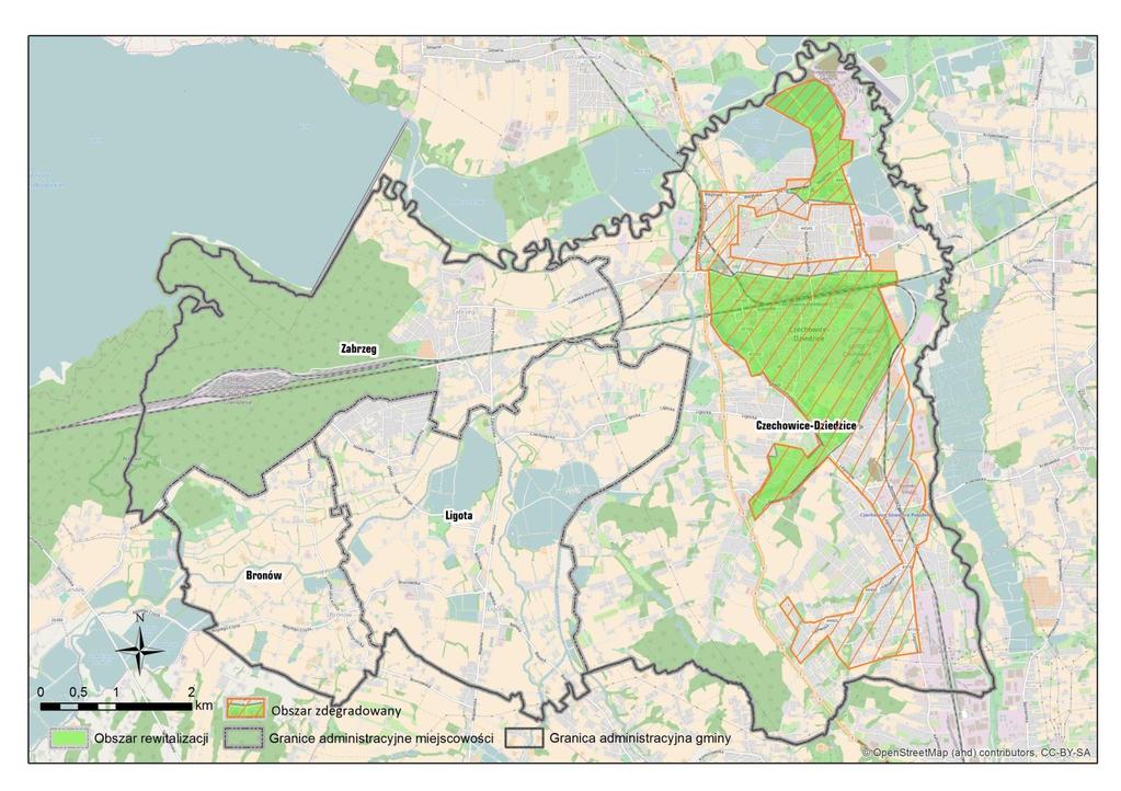 Załącznik nr 4. Obszar zdegradowany i podobszary rewitalizacji na tle Gminy Czechowice-Dziedzice Rys.