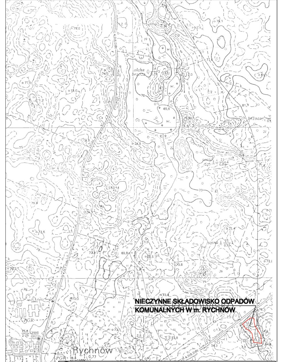 Mapa 1 Lokalizacja składowiska odpadów w miejscowości Rychnów Źródło: Projekt techniczny zmian sposobu zamknięcia składowiska odpadów w miejscowości Rychnów,