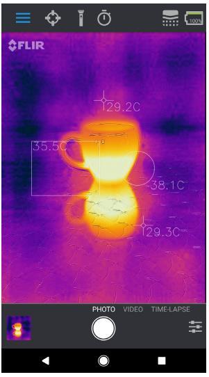 punktowych i regionu, FLIR ONE Pro wyświetli na obrazie temperaturę (w stopniach C lub F).