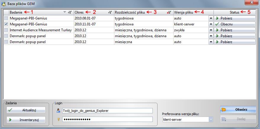 2.5 Baza plików GEM Baza plików GEM jest narzędziem służącym do wybierania archiwalnych plików potrzebnych do analiz spośród dostępnych dla danego użytkownika.
