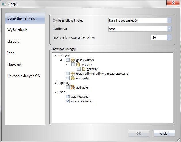 domyślnego sposobu analizy i/lub parametrów rankingu należy wybrać opcję Opcje aplikacji w
