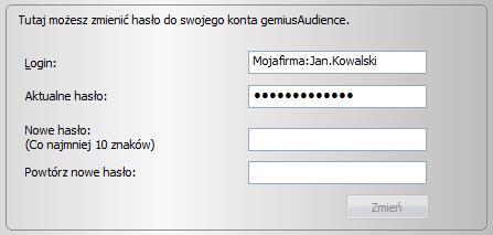 Należy się upewnić, że pola Login: oraz Aktualne hasło: są wypełnione przez login i hasło nadane przez pracownika firmy Gemius. Następnie uzupełniamy pozostałe pola: 1.