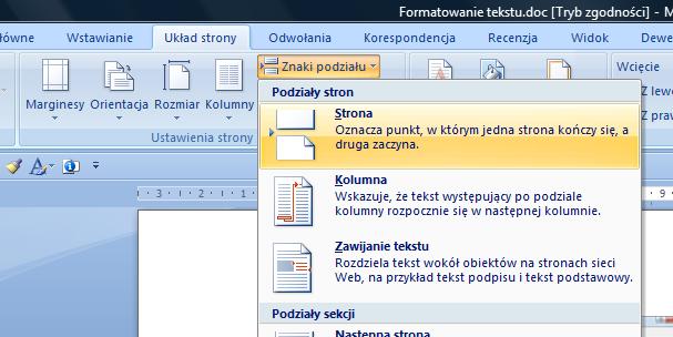 ustawić: Format/Akapit/Podział wiersza i strony: Podział strony przed.