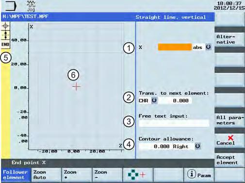 3BProgramowanie części 4.5 Programowanie dowolnego konturu 4.5.4 Parametry elementów konturu Parametry do programowania linii prostych 1 Bezwzględne (abs) / przyrostowe (inc) położenie końcowe w kierunku X lub Z.