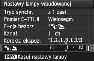 Istnieje możliwość zmiany proporcji błysu między zewnętrzną lampą błysową Speedlite a wbudowaną lampą błysową w celu dostosowania wyglądu cieni na obiecie. 142 1 2 Wybierz pozycję [F-cja bezprz.].