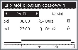 Nacisnąć pokrętło nastawcze, aby otworzyć menu Ogrzewanie/chłodzenie. Obracać pokrętło nastawcze, aby zaznaczyć Program czasowy. Nacisnąć pokrętło nastawcze, aby otworzyć menu Program czasowy.