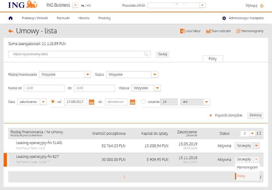 Umowy - lista Umowy Na ekranie widoczne są wszystkie aktywne umowy W nagłówku ekranu znajdziesz informację na temat bieżącego zaangażowania, czyli kapitału pozostałego do spłaty.