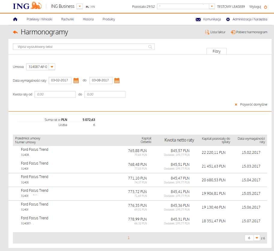 Harmonogramy Raty leasingowe Na ekranie widoczne są wszystkie przyszłe raty leasingowe dla wybranej umowy. Na liście znajdziesz informacje na temat każdej raty.