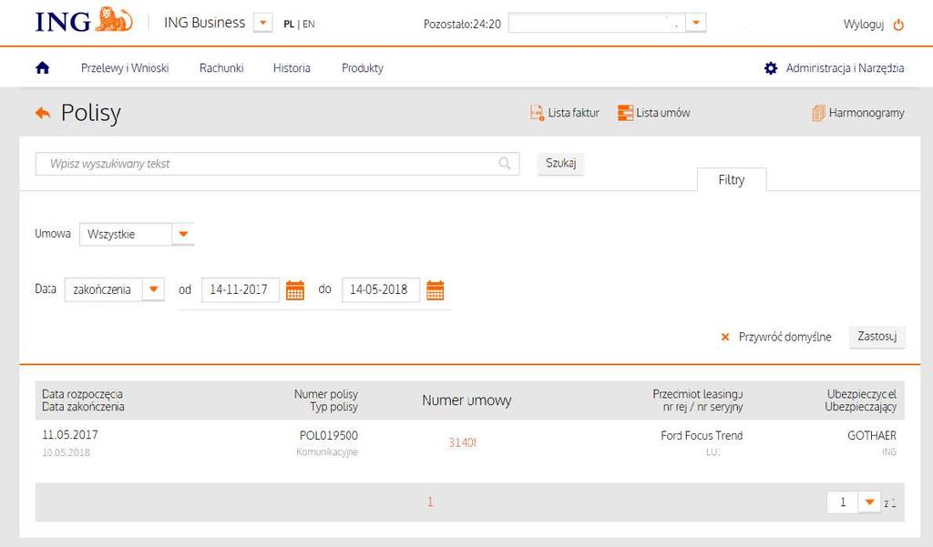 Polisy Przedmioty/ polisy Na ekranie widoczne są wszystkie przedmioty do danej umowy i informacje o polisach ubezpieczeniowych Aby wyświetlić polisę dla innej umowy wybierz z listy rozwijanej przy