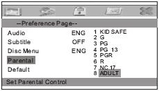 Ustanawia poszczególne poziomy kontroli rodzicielskiej dla płyt DVD. Wartości domyślne są ustawione na ADULT (tylko dla dorosłych).
