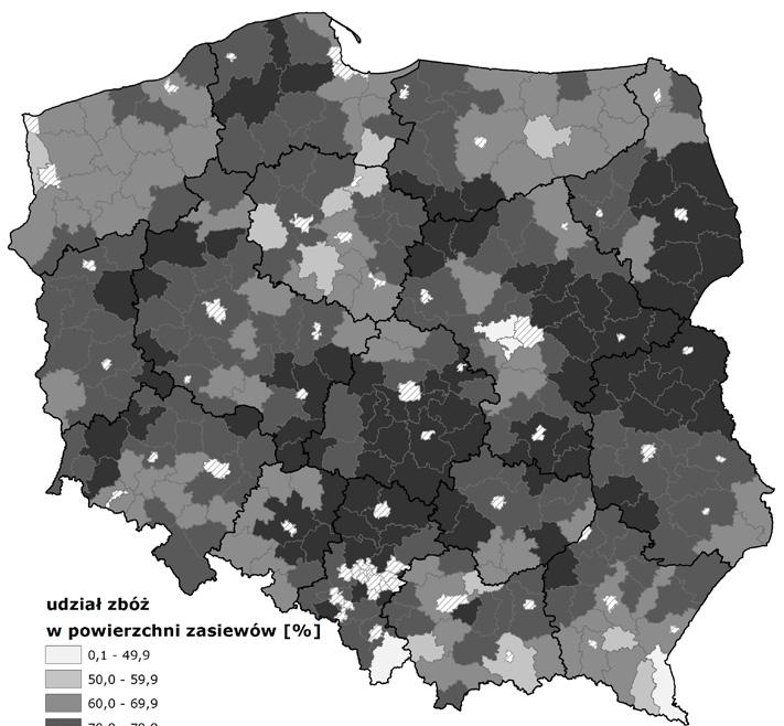 Szacowanie i regionalizacja potencjału biomasy ubocznej z produkcji zbóż 101 Tabela 1. Charakterystyka produkcyjno-organizacyjna powiatów w zależności od warunków siedliskowych Table 1.