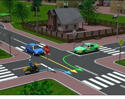 Na tym skrzyżowaniu kierując motorowerem: A- przejeżdżasz pierwszy, B- nie możesz skręcić w prawo, C- ustępujesz pierwszeństwa pieszym. 2.