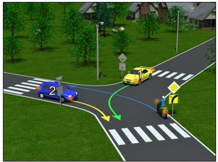 8. Na tym skrzyżowaniu kierując motorowerem: A- ustępujesz pierwszeństwa kierującemu samochodem osobowym 1, B-